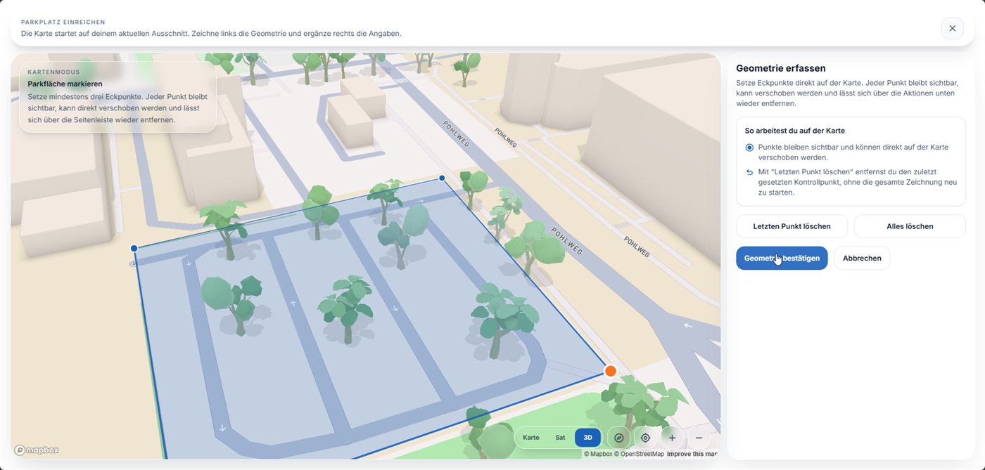 Meldevorgang: eine Parkfläche wird als Vieleck direkt auf der Karte eingezeichnet.