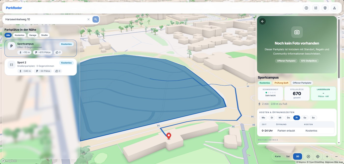 Park-Radar: Karte mit blau markierter Parkfläche und den Angaben zum Platz daneben.