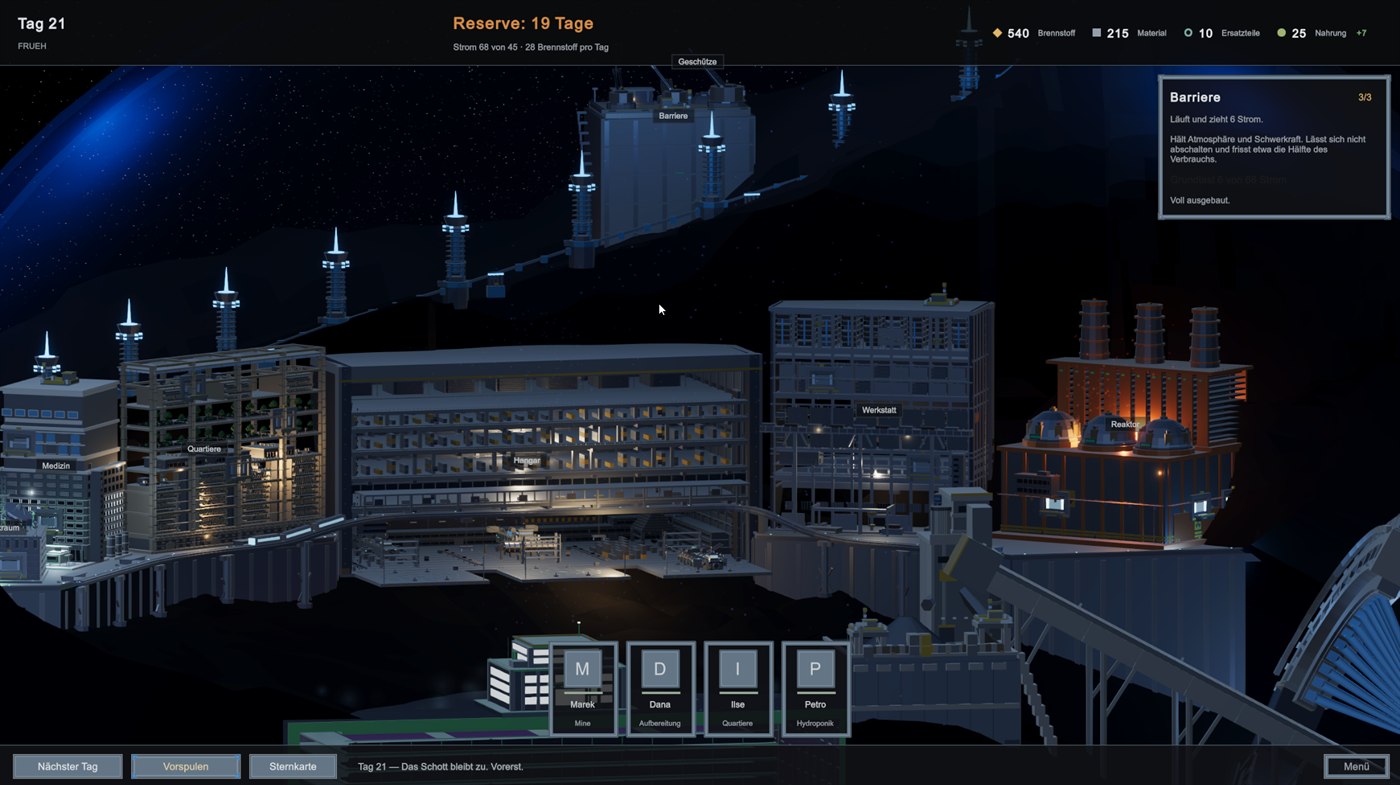 Space Colony: Querschnitt durch die Kolonie im Asteroiden, Quartiere und Reaktor bei Nacht.