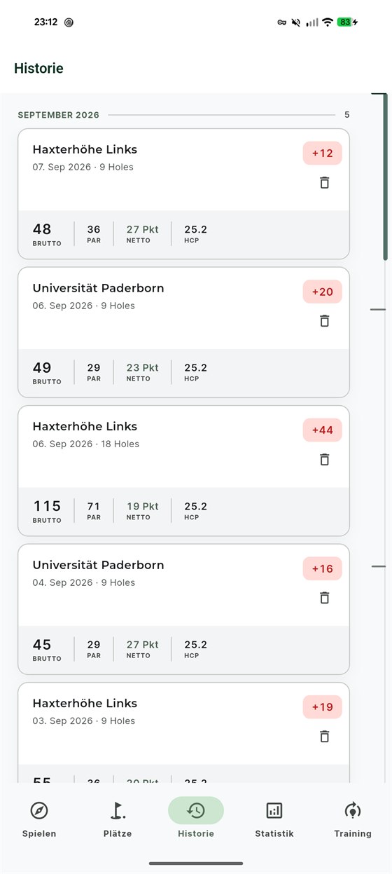 Rundenhistorie, nach Monaten getrennt: fünf Runden im September 2026, jede mit Bruttoscore, Par, Nettopunkten und dem Handicap, mit dem sie gespielt wurde.