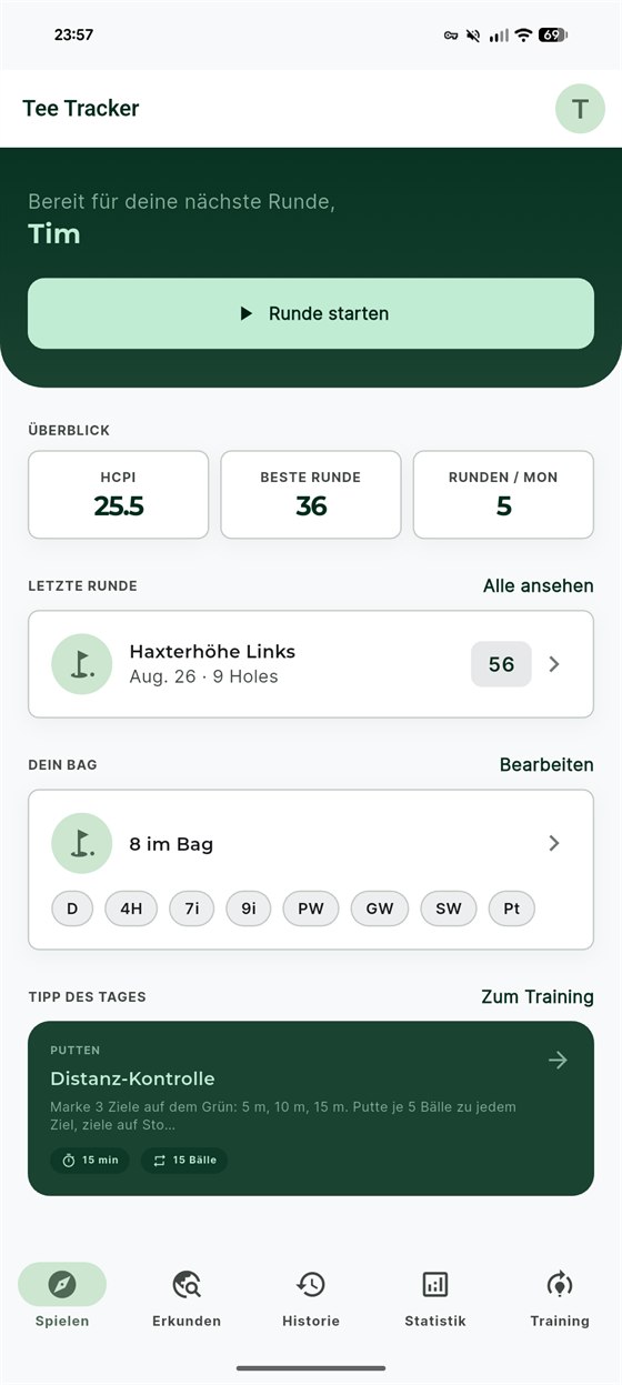 Startbildschirm mit Handicap-Index, letzter Runde und den Schlägern im Bag.