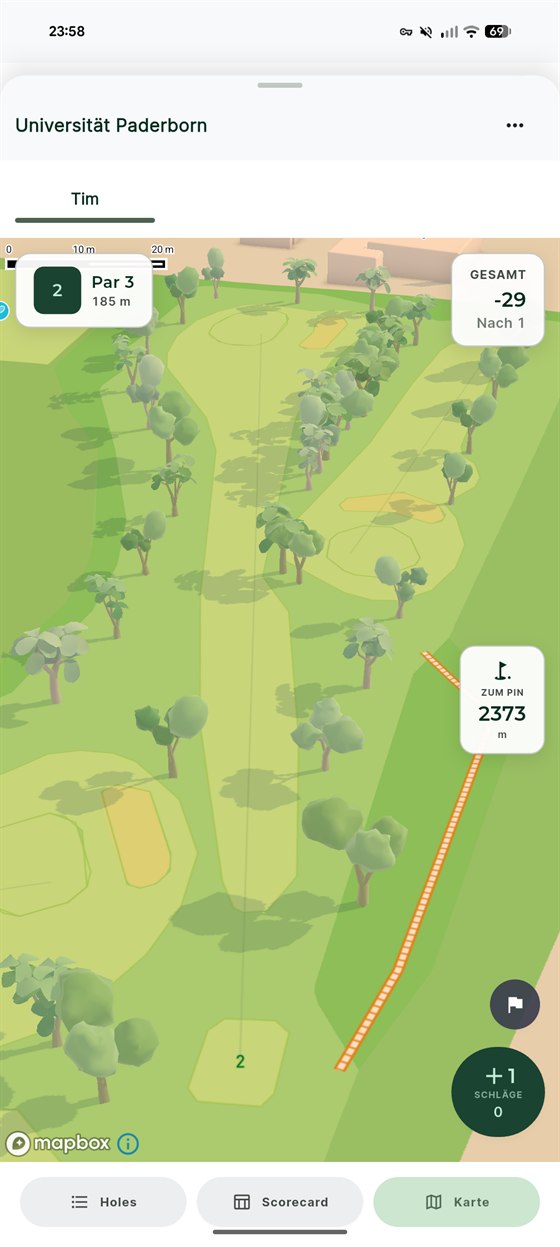 TeeTracker: Ansicht einer Spielbahn von oben mit Par, Länge und Entfernung zum Pin.