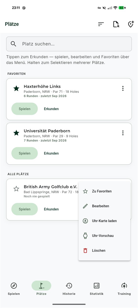 Platzliste mit zwei Favoriten und geöffnetem Menü: zu Favoriten, bearbeiten, Uhr-Karte laden, Uhr-Vorschau, löschen.