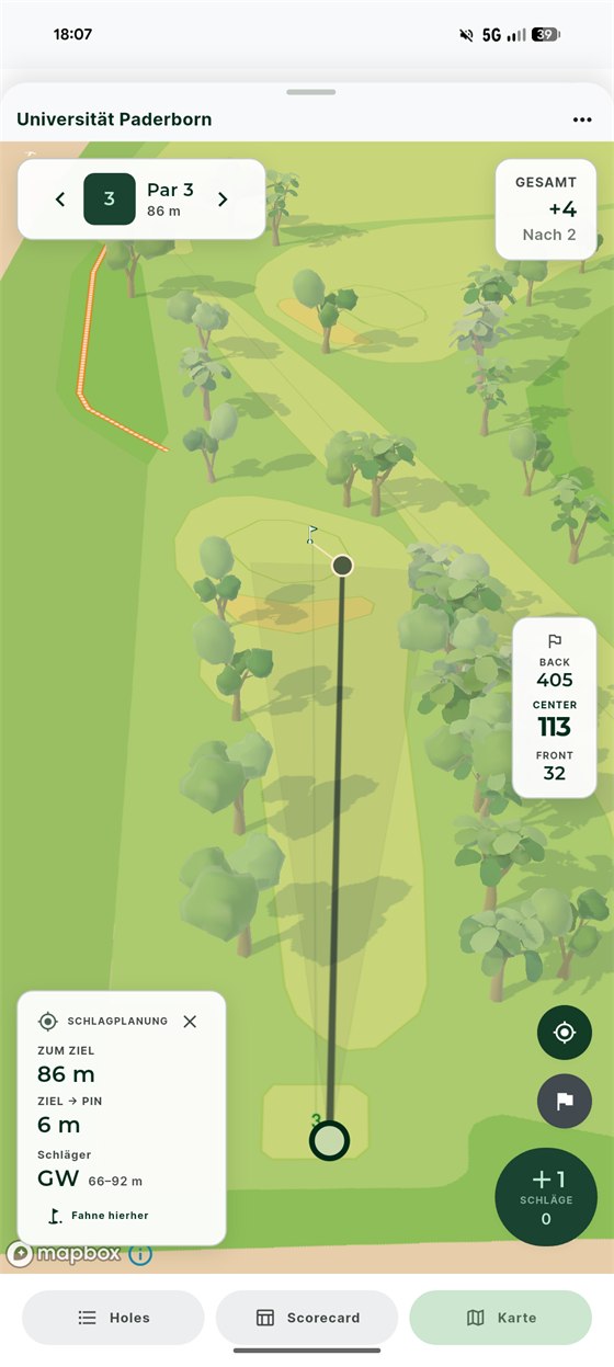 TeeTracker: Schlagplanung auf der Platzkarte — 86 Meter zum gewählten Ziel, sechs Meter weiter die Fahne, dazu der empfohlene Schläger.