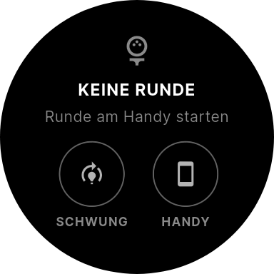 Uhrenbildschirm ohne laufende Runde, mit den Schaltflächen Schwung und Handy.