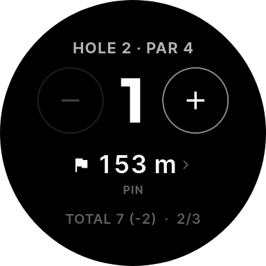 Uhrenbildschirm: Loch 2, Par 4, ein Schlag zwischen Minus- und Plus-Taste, darunter 153 Meter zur Fahne.