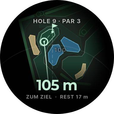 Uhrenbildschirm: Loch 9 mit zwei Wasserhindernissen, geplantem Ziel und 105 Metern dorthin.