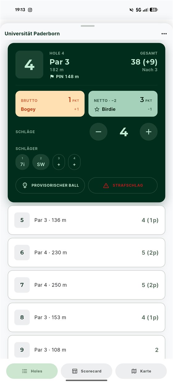 Zählansicht für Loch 4: vier Schläge, brutto ein Bogey, netto ein Birdie, dazu die gespielten Schläger 7i und SW.